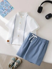 SHEIN Leap Crew 2pcs/Set Baby Boy Girl Blue And White Striped Summer Casual Vacation Decorated Ribbon Collar Short Sleeve Cardigan And Elastic Waist Shorts,Parties - Blue - View 1