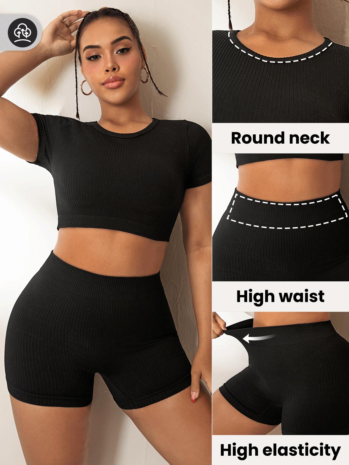 Easithlete Plus Size Women Ribbed Short Sleeve Top And Shorts Sports Suit - Black - View 2