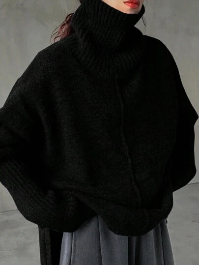 FRIFUL 女士纯色高领宽松长袖毛衣，秋冬休闲日常穿着
