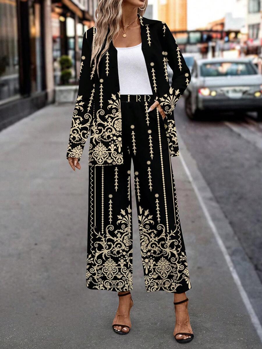 SHEIN Clasi 2pcs Women's Casual Simple Placement Print Set, Spring Clothes