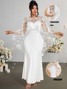 Cravure Women's Solid Color Lace Knitted Mermaid Dress, Wedding - White - View 7