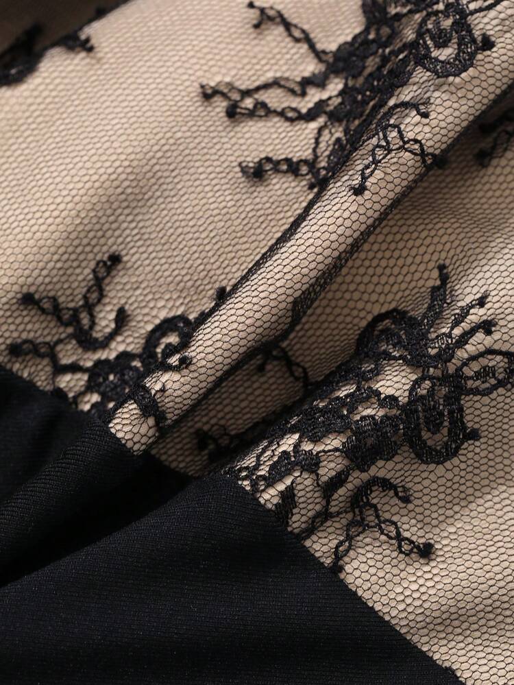 Lace Patchwork Slit Side Pleated Mid-Length Dress For Women, Occasion/Date Night Wear,Fall Dress Long Sleeve Dress