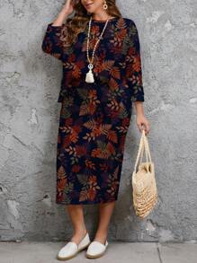SHEIN LUNE Conjunto de 2 piezas de camiseta de manga de murciélago con cuello redondo y falda con estampado de hojas de arce, adecuado para otoño/invierno, talla grande
