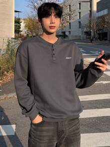 DAZY 男士半拉链字母印花长袖休闲宽松套头衫 - 灰色 - 查看 5