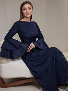 Veilorie Women's Elegant Party Leopard Jacquard Flared Sleeve Arabic Style Dress Modest - Blue - View 6