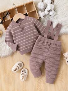 男婴秋冬装，复古绅士条纹针织 2 件套，时尚休闲百搭婴儿套头毛衣和围兜工作服 - 卡其色 - 查看 1