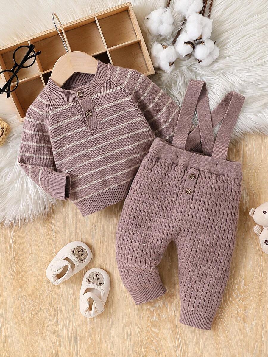 男婴秋冬装，复古绅士条纹针织 2 件套，时尚休闲百搭婴儿套头毛衣和围兜工作服 - 卡其色 - 查看 1