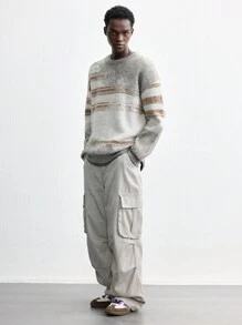 Maija 男士 2025 春季新款不对称条纹宽松圆领长袖毛衣，休闲设计，时尚年轻人、派对、节日、情人节和约会 - 彩色 - 查看 2