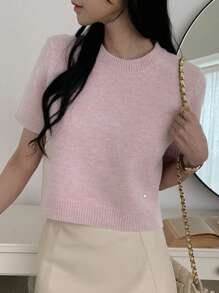 DAZY Blusa de punto ajustada de manga corta y cuello redondo para mujer, ropa casual de primavera y otoño - Rosa - Ver 9