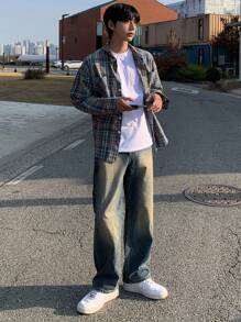 DAZY 男士休闲通勤格子印花长袖衬衫，秋季 - 藍色 - 查看 4