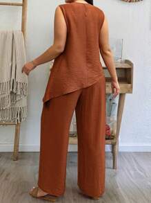 Linhara Bộ 2 chiếc/Bộ áo sơ mi không tay màu trơn viền bất đối xứng cỡ lớn cho nữ và quần ống rộng - trái cam - Xem 2
