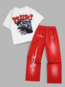 SHEIN Leap Crew 2pcs/Set Teen Boy Casual Short Sleeve Top And Loose Fit Pants Outfit, Street Punk Rock School Style, Suitable For Spring/Summer, Party, Festival, Printed With English Text And Character Icon - Multicolor - View 9