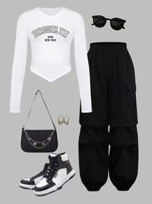 SHEIN Teen Girls Ribbed Text & Pattern Print Long Sleeve T-Shirt And Elastic Waist Ruched Pants 2 Pieces Outfit - Black and White - View 1