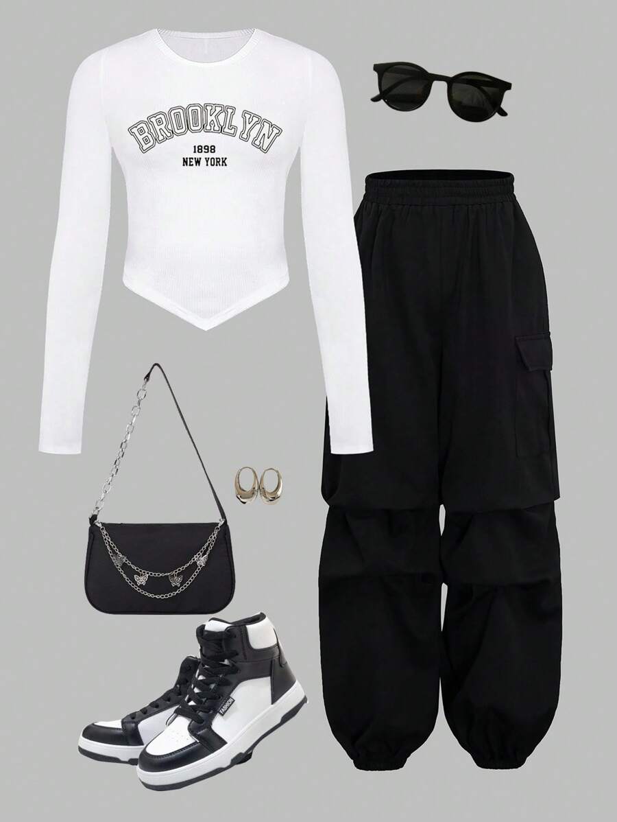 SHEIN Teen Girls Ribbed Text & Pattern Print Long Sleeve T-Shirt And Elastic Waist Ruched Pants 2 Pieces Outfit - Black and White - View 1
