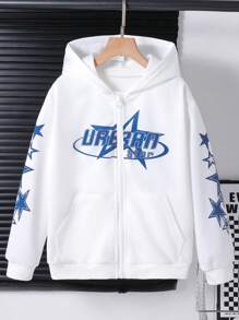 Tween Boy Star Print Street Style Hooded Zip-Up Jacket Chic Outfits For Autumn/Winter