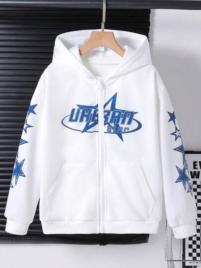 Tween Boy Star Print Street Style Hooded Zip-Up Jacket Chic For Autumn/Winter