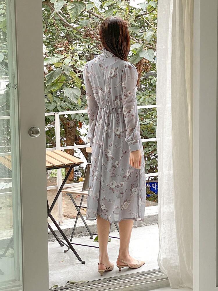 Floral Print Chiffon Flowy Midi Dress For Women,Fall Clothes Long Sleeve Dress