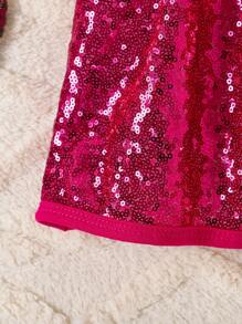 SHEIN 年轻女孩休闲条纹长袖上衣 + 红色亮片迷你裙套装，适合圣诞节、秋冬季 - 玫紅色 - 查看 3