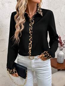 SHEIN Clasi Women's Classic Leopard Print Splice Blouse