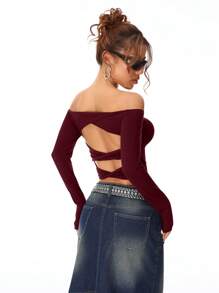 SHEIN EZwear Women's Fall/Winter Y2K Knit Lightweight Off Shoulder T Shirt - Burgundy - View 2