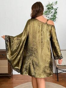 SHEIN Clasi 大码女式圣诞链环拼布耳环和优雅不对称长袖连衣裙，适合新年节日派对服装 - 金色 - 查看 2