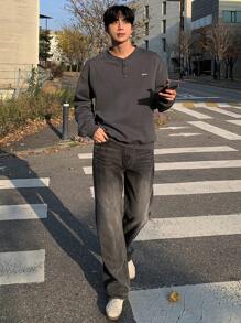 DAZY 男士半拉链字母印花长袖休闲宽松套头衫 - 灰色 - 查看 6