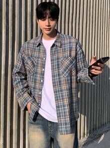 DAZY 男士休闲通勤格子印花长袖衬衫，秋季 - 藍色 - 查看 7