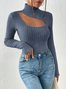 SHEIN Frenchy Cut Out Turtleneck Asymmetrical Top Textured Fabric Tee - Navy Blue - View 5