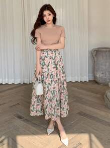 Set de 2 piezas con camiseta de unicolor y falda con estampado floral para mujer, ropa de vuelta al colegio y atuendos de vacaciones estilo bohemio - Rosa - Ver 5