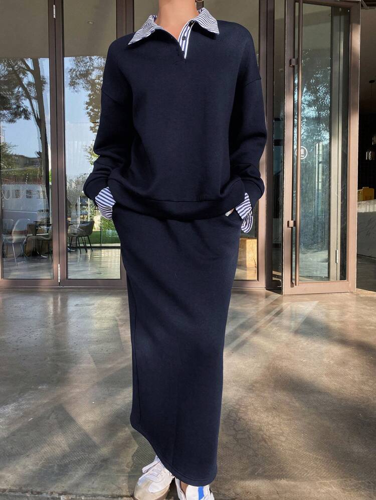 2pcs Women Contrast Color Splicing Loose Long Sleeve Sweatshirt & Straight Skirt Set,Fall Women Clothes Lounge Sets For Women