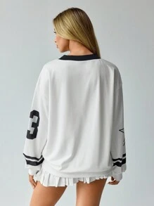 Hanevo 秋季新款休闲落肩 V 领足球字母印花针织女式连帽衫 - 黑與白 - 查看 2