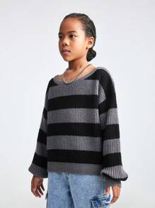 SHEIN Tween Girl Loose Fit Black & Grey Striped Round Neck Drop Shoulder Long Sleeve Sweater, Casual For Autumn/Winter - Multicolor - View 6