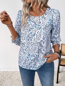 EMERY ROSE Women's Ditsy Floral Loose Fit Round Neck Ruffle Sleeve Vacation Shirt (Asymmetric Floral Pattern) - White - View 6