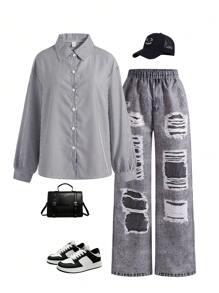 SHEIN Set de 2 piezas de estilo informal para niñas adolescentes: Camisa a rayas y pantalones estampados, para uso diario