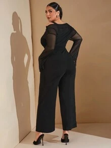 SHEIN BAE Plus Size Women Asymmetrical Sleeveless Top & Straight Leg Wide Leg Jumpsuit, Suitable For Autumn/Winter Dates, Dinners, Christmas - Black - View 7