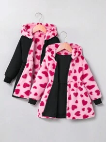 SHEIN Young Girls Fashionable Reversible Heart Pattern Plush Hooded Zipper Jacket - Hot Pink - View 1