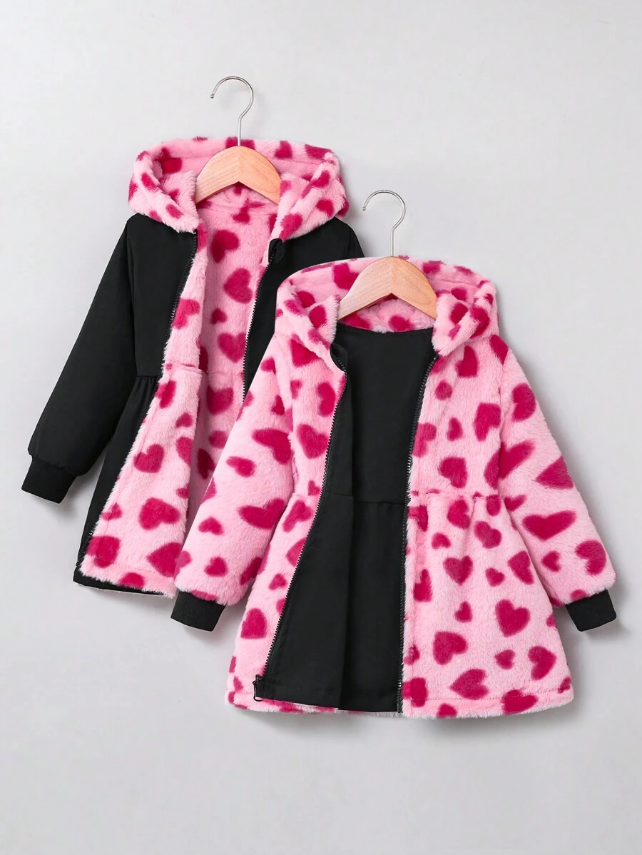 SHEIN Young Girls Fashionable Reversible Heart Pattern Plush Hooded Zipper Jacket - Hot Pink - View 1