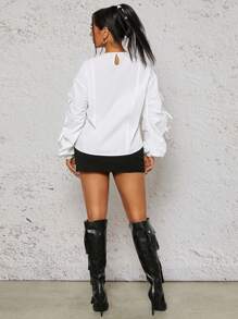 SHEIN SXY Women's Casual Solid Color Ruched Bow Decor Lantern Sleeve T-Shirt, Autumn - White - View 2
