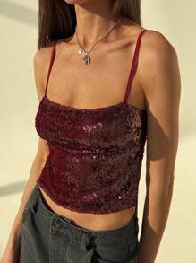 Aloruh 亮片露背勃艮第细肩带性感女式派对吊带背心，适合情人节和圣诞节 - 酒紅色 - 查看 6