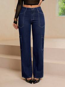 SHEIN Essnce Pantalones cargo rectos informales para mujer - Azul lavado oscuro - Ver 3