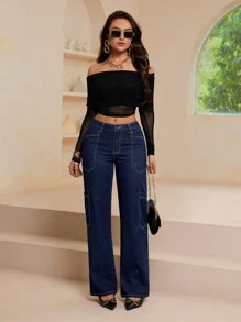 SHEIN Essnce Pantalones cargo rectos informales para mujer - Azul lavado oscuro - Ver 4