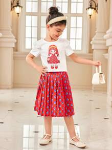 2pcs/Set Young Girl Round Neck Short Sleeve Graphic Print Casual Top And Skirt - Multicolor - View 6