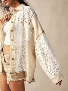 Bohemela Casual Woven Contrast Lace Loose Lapel Front Open Women Blouse - Multicolor - View 7