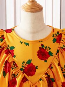 Vestido casual para meninas adolescentes com estampa floral, gola redonda, simples, casual, para o dia a dia - Amarelo - Ver 5