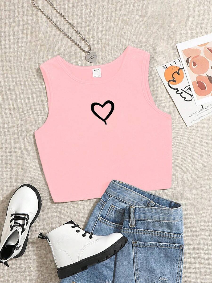 SHEIN Leap Crew Tween Girls Casual Basic Tank Top, Suitable For Summer - Pink - View 1