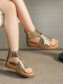 女童编织双带凉鞋，金色，儿童夏季鞋，儿童拉链平底凉鞋 - 金色 - 查看 4