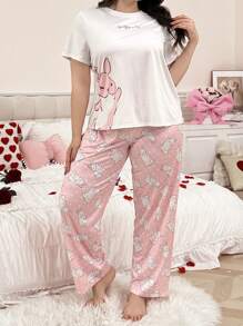 Plus Size Pajama Set, Knit Crew Neck Cute Cartoon Rabbit Print Short Sleeve & Long Pants, Casual Homewear For All Seasons, Outfits - Watermelon Pink - View 2