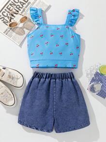 2 件套年轻女孩时尚樱桃印花吊带背心和刺绣牛仔短裤套装 - 彩色 - 查看 2