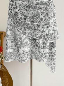 Soleia Đầm lưới xếp ly cổ chữ V in hoa xanh trắng cổ điển cho nữ - màu đen - Xem 5