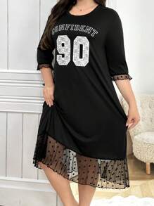 INS Casual Letter Print Lace Patchwork Design Dress - Black - View 6